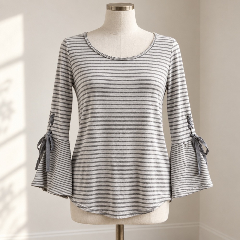 Sunday Grey White Striped Bell Sleeve Lace Up Tie Knit Top Large